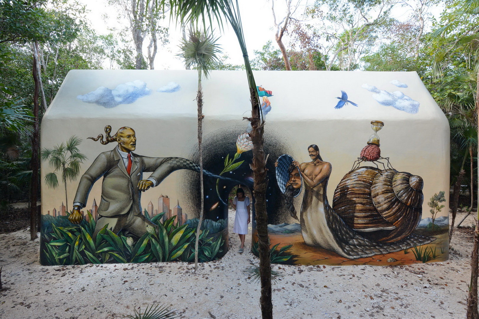 Original Time Gate mural panels with a dark portal, figures and a large surreal snail
